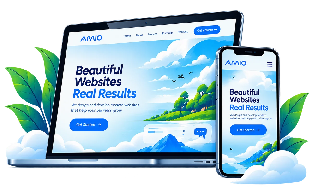 AMWIO website shown on laptop and phone mockups
